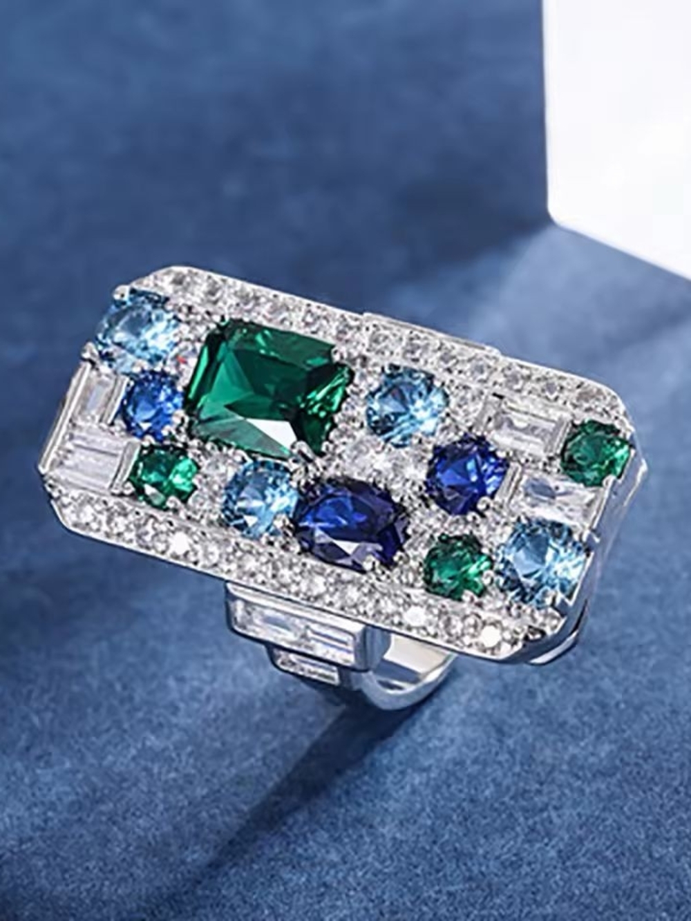 Silver-Tone Ring with Blue and Green Gemstones - Picture 3 of 5